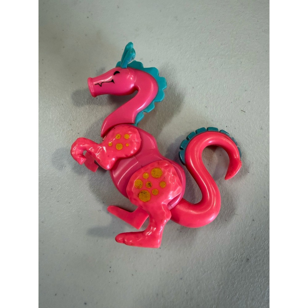 Vintage Pink Dragon Action Figure Mythical Creature Toy Teal Fins Yellow Spots