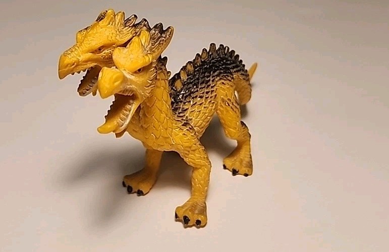 Two Headed Dragon Figure Black Yellow Hard Rubber Fantasy Creature Toy