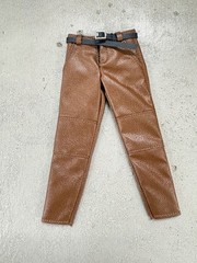 MO-SMLPT-BN: 1/12 Brown faux leather pants with belt for 6″ medium to slim body