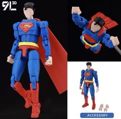3D Printed Superman Plastic Action Figure Blue Red with Cape and Extra Hands