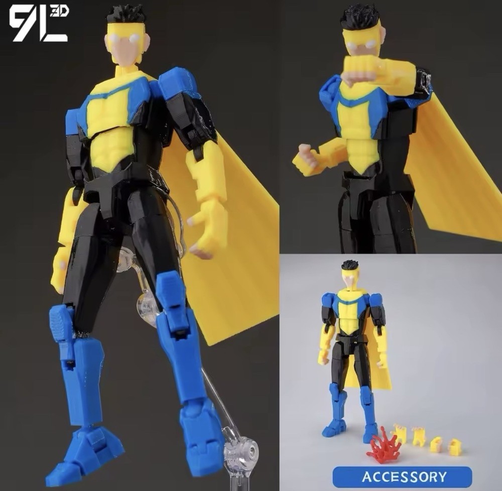 Mark Invincible Action Figure Yellow/Blue/Black Plastic w/ Cape & Extra Hands