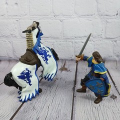 Papo Medieval Sword Shield-Decorated Horse BLUE+WHITE Action Figure 2000s Vtg