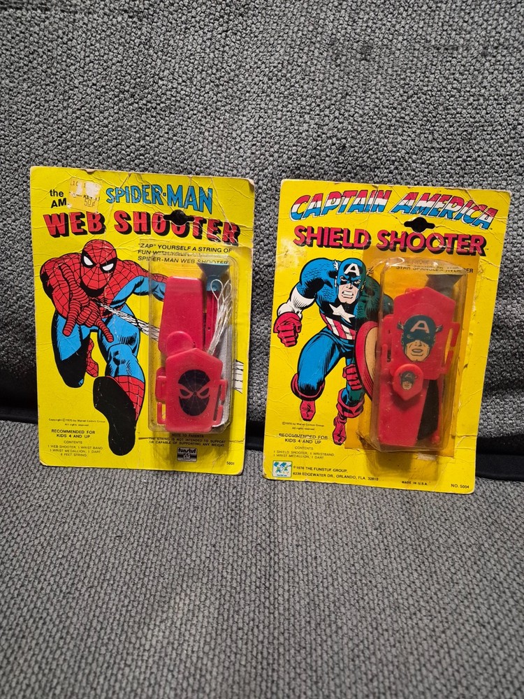 FUNSTUF Amazing Spider-Man Web Shooter and Captain America Shooter On Card. Nice