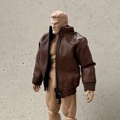 SU-ZPJK-TN: 1/12 Dark Brown Zipper Faux Leather Jacket for 6″ muscular body