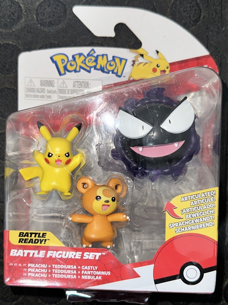 Pokemon 3-in Battle Action Figure Set 3-Pack – Teddiursa, Pikachu, Ghastly