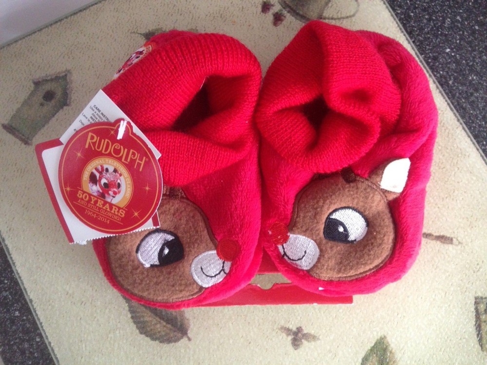 Rudolph The Red Nosed Reindeer Slippers 50 Years and Still Glowing 3-4 Rare New