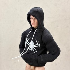 MO-SPD-HD-BK: 1/12 Black pocket hoodie with spider logo for 6″ slim figure